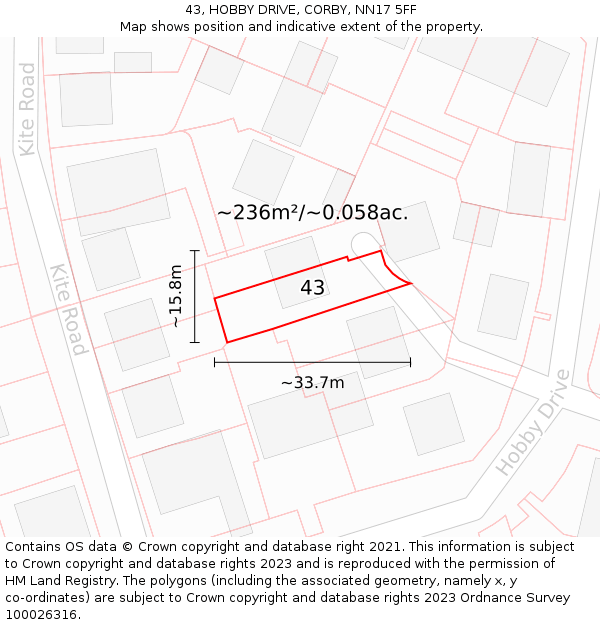 43, HOBBY DRIVE, CORBY, NN17 5FF: Plot and title map