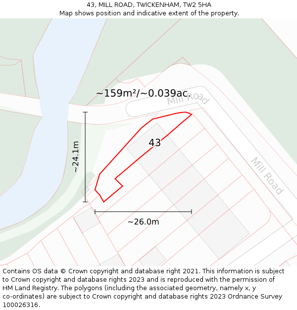 43, MILL ROAD, TWICKENHAM, TW2 5HA: Plot and title map
