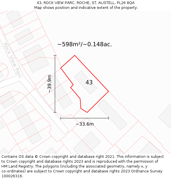 43, ROCK VIEW PARC, ROCHE, ST. AUSTELL, PL26 8QA: Plot and title map