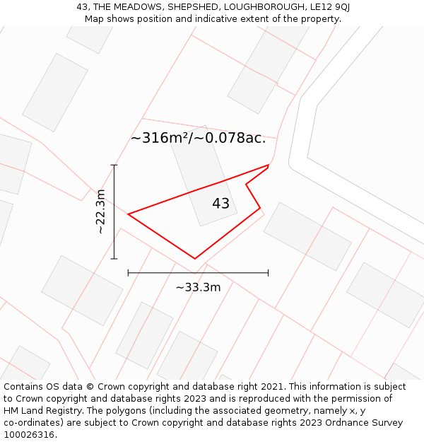 43, THE MEADOWS, SHEPSHED, LOUGHBOROUGH, LE12 9QJ: Plot and title map