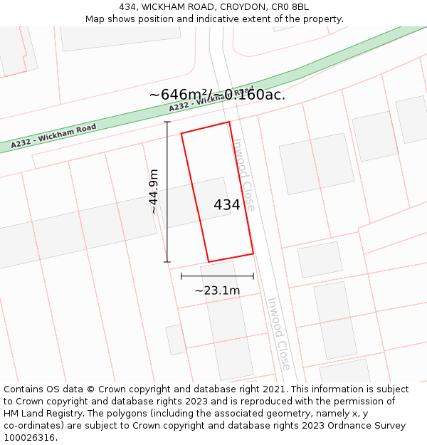 434, WICKHAM ROAD, CROYDON, CR0 8BL: Plot and title map