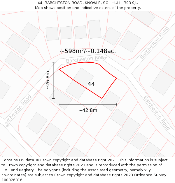 44, BARCHESTON ROAD, KNOWLE, SOLIHULL, B93 9JU: Plot and title map