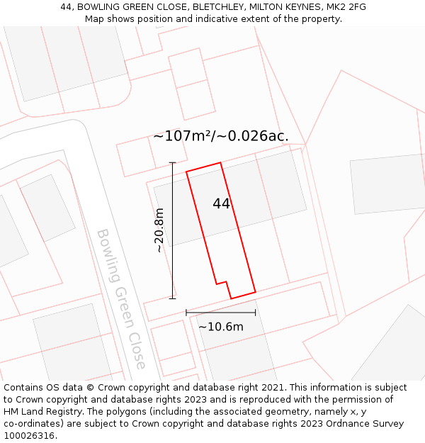 44, BOWLING GREEN CLOSE, BLETCHLEY, MILTON KEYNES, MK2 2FG: Plot and title map