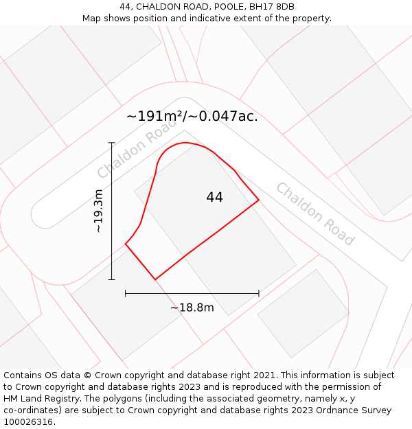 44, CHALDON ROAD, POOLE, BH17 8DB: Plot and title map