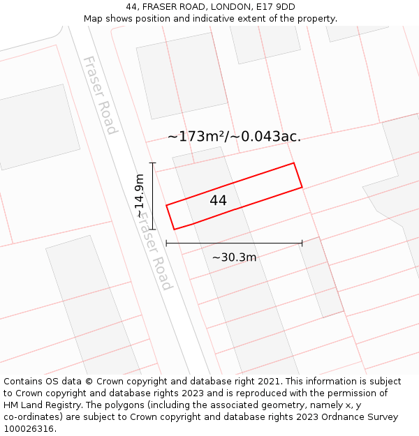 44, FRASER ROAD, LONDON, E17 9DD: Plot and title map