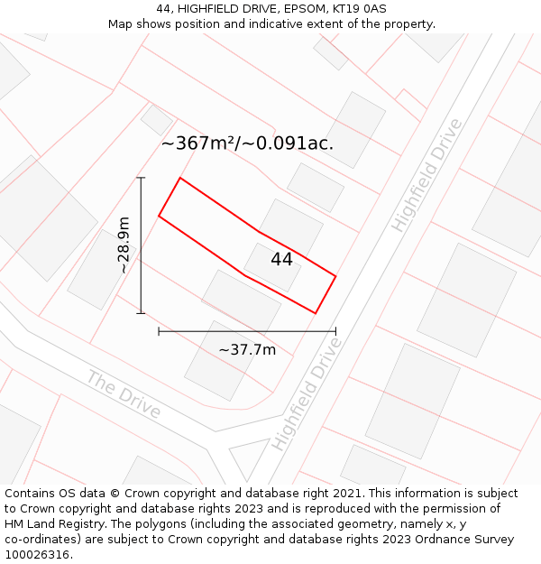 44, HIGHFIELD DRIVE, EPSOM, KT19 0AS: Plot and title map