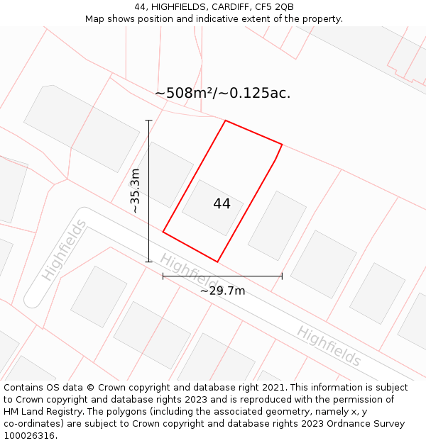 44, HIGHFIELDS, CARDIFF, CF5 2QB: Plot and title map