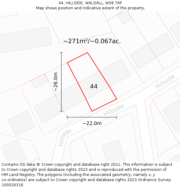 44, HILLSIDE, WALSALL, WS8 7AF: Plot and title map