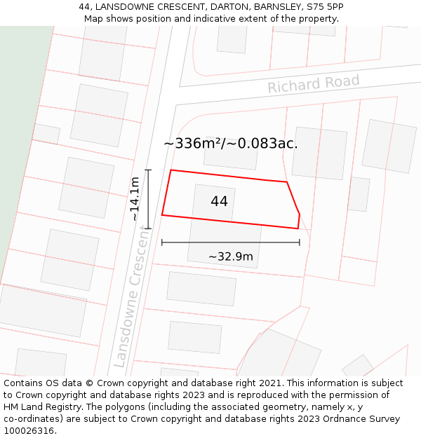 44, LANSDOWNE CRESCENT, DARTON, BARNSLEY, S75 5PP: Plot and title map