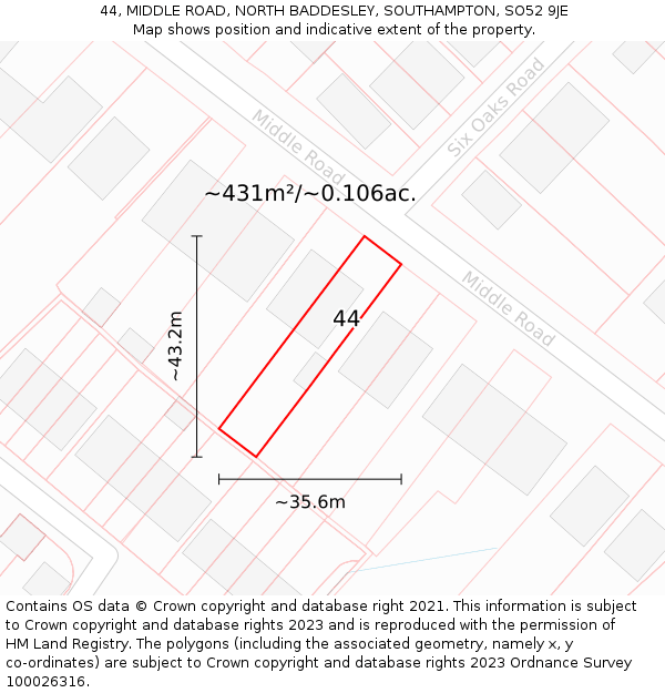 44, MIDDLE ROAD, NORTH BADDESLEY, SOUTHAMPTON, SO52 9JE: Plot and title map