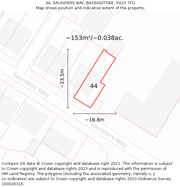 44, SAUNDERS WAY, BASINGSTOKE, RG23 7FG: Plot and title map
