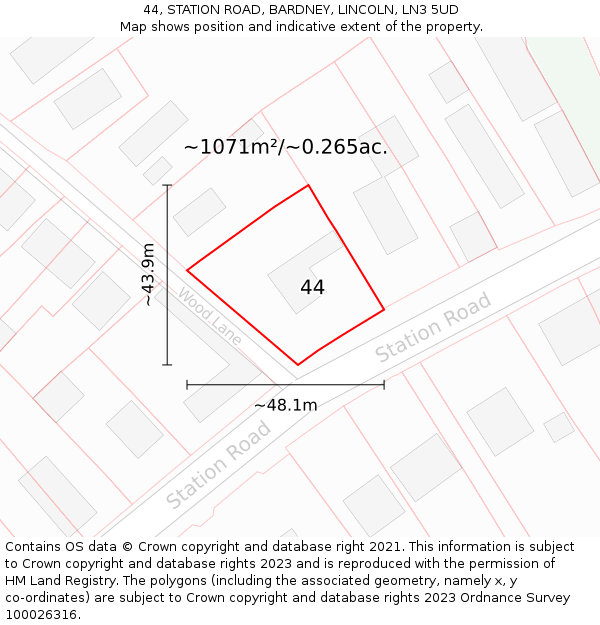44, STATION ROAD, BARDNEY, LINCOLN, LN3 5UD: Plot and title map
