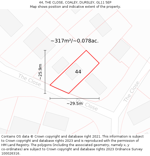 44, THE CLOSE, COALEY, DURSLEY, GL11 5EP: Plot and title map
