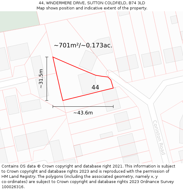 44, WINDERMERE DRIVE, SUTTON COLDFIELD, B74 3LD: Plot and title map