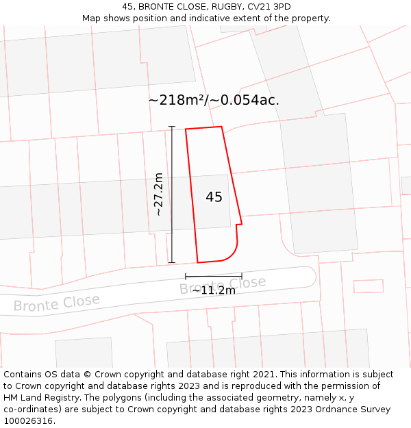 45, BRONTE CLOSE, RUGBY, CV21 3PD: Plot and title map
