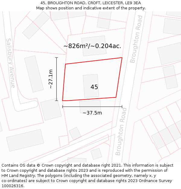 45, BROUGHTON ROAD, CROFT, LEICESTER, LE9 3EA: Plot and title map