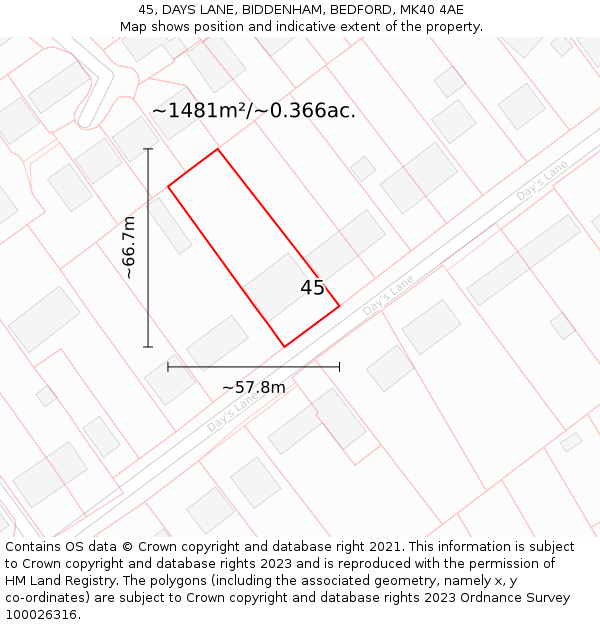45, DAYS LANE, BIDDENHAM, BEDFORD, MK40 4AE: Plot and title map