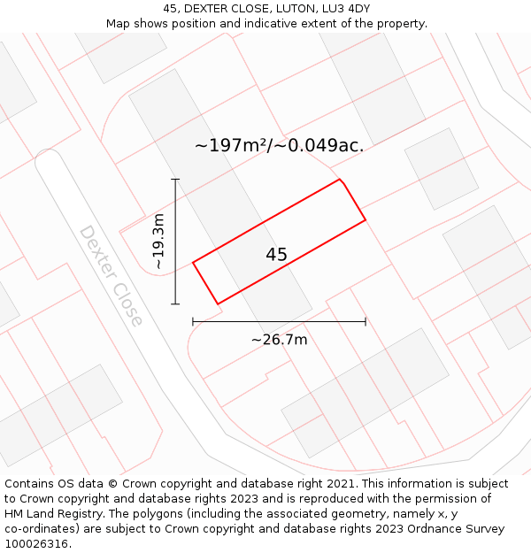 45, DEXTER CLOSE, LUTON, LU3 4DY: Plot and title map
