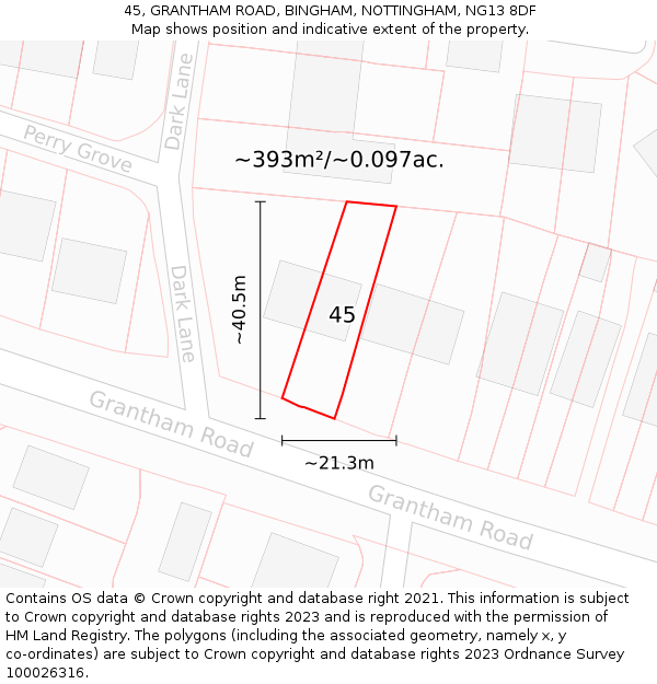 45, GRANTHAM ROAD, BINGHAM, NOTTINGHAM, NG13 8DF: Plot and title map