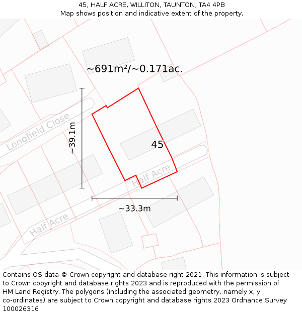 45, HALF ACRE, WILLITON, TAUNTON, TA4 4PB: Plot and title map