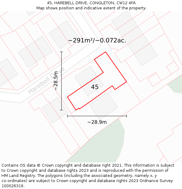 45, HAREBELL DRIVE, CONGLETON, CW12 4FA: Plot and title map