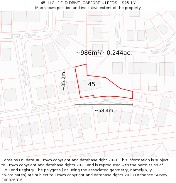 45, HIGHFIELD DRIVE, GARFORTH, LEEDS, LS25 1JY: Plot and title map
