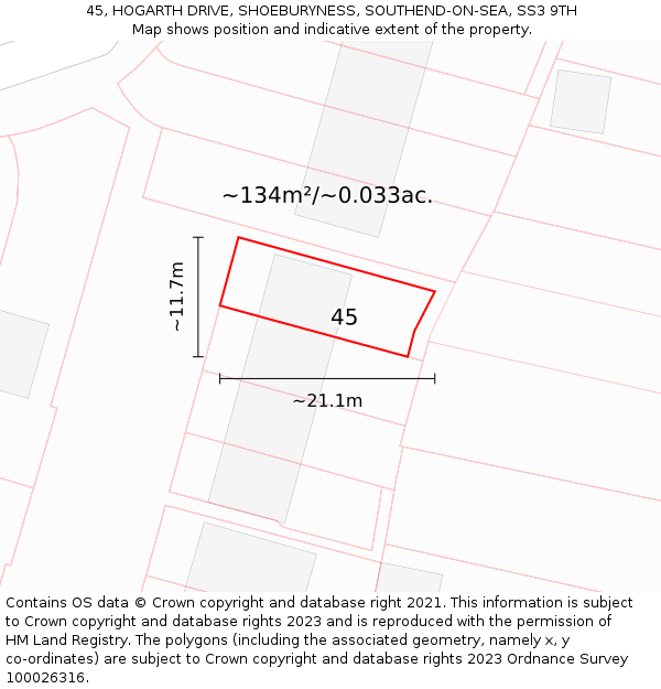 45, HOGARTH DRIVE, SHOEBURYNESS, SOUTHEND-ON-SEA, SS3 9TH: Plot and title map