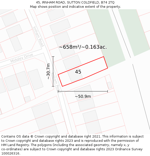 45, IRNHAM ROAD, SUTTON COLDFIELD, B74 2TQ: Plot and title map