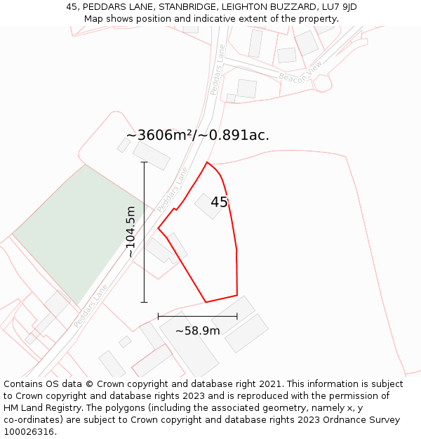 45, PEDDARS LANE, STANBRIDGE, LEIGHTON BUZZARD, LU7 9JD: Plot and title map