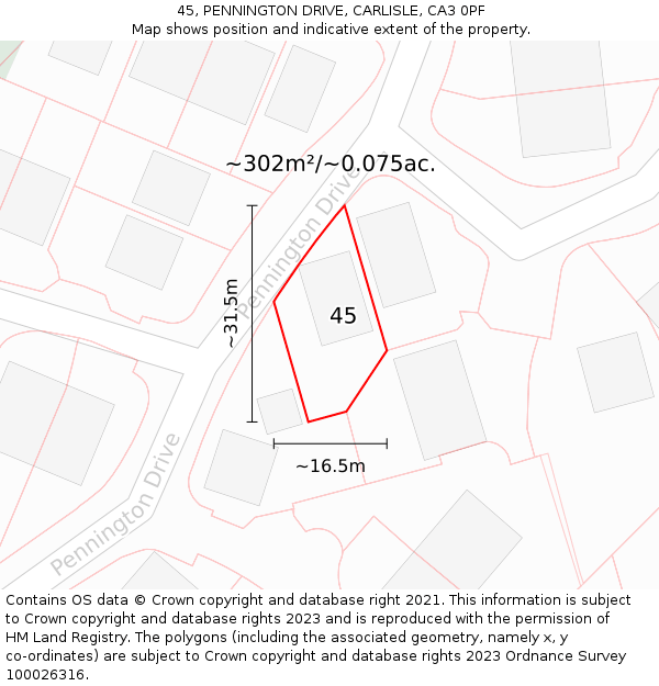 45, PENNINGTON DRIVE, CARLISLE, CA3 0PF: Plot and title map