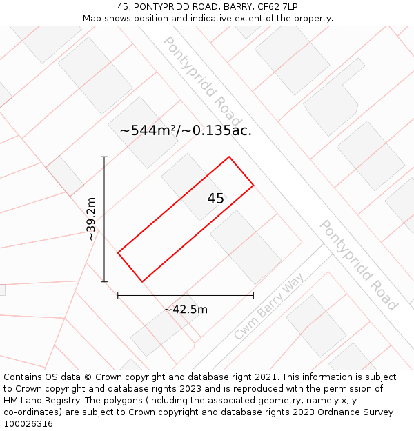 45, PONTYPRIDD ROAD, BARRY, CF62 7LP: Plot and title map