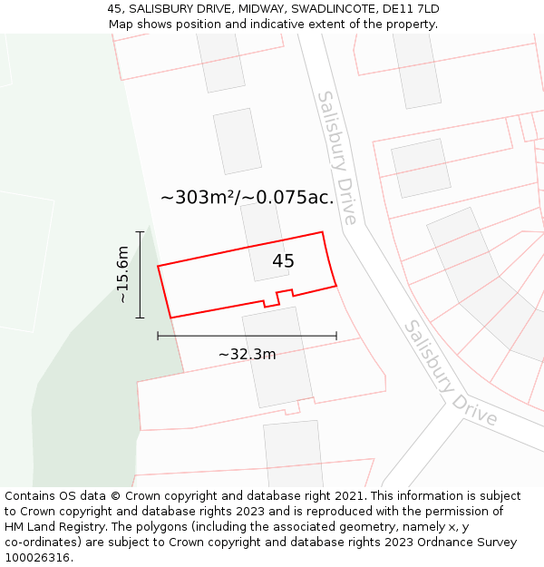 45, SALISBURY DRIVE, MIDWAY, SWADLINCOTE, DE11 7LD: Plot and title map