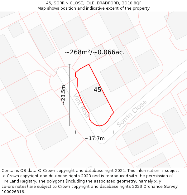 45, SORRIN CLOSE, IDLE, BRADFORD, BD10 8QF: Plot and title map
