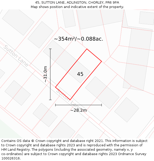 45, SUTTON LANE, ADLINGTON, CHORLEY, PR6 9PA: Plot and title map