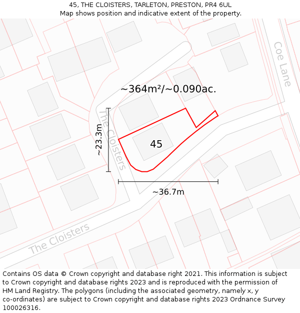 45, THE CLOISTERS, TARLETON, PRESTON, PR4 6UL: Plot and title map