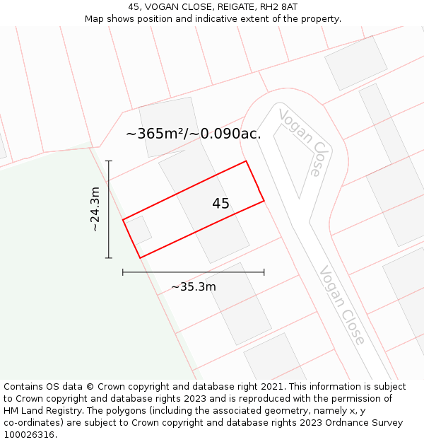 45, VOGAN CLOSE, REIGATE, RH2 8AT: Plot and title map