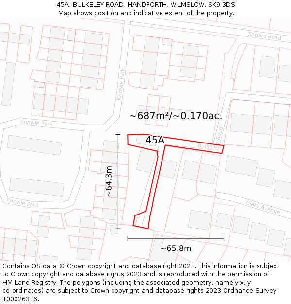 45A, BULKELEY ROAD, HANDFORTH, WILMSLOW, SK9 3DS: Plot and title map