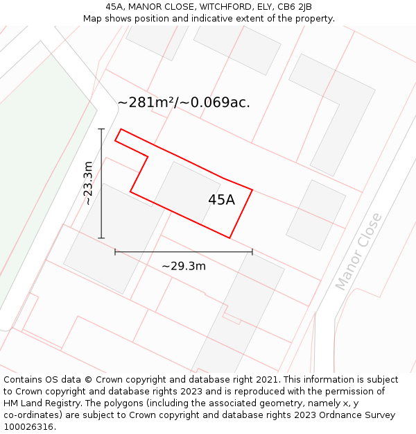 45A, MANOR CLOSE, WITCHFORD, ELY, CB6 2JB: Plot and title map