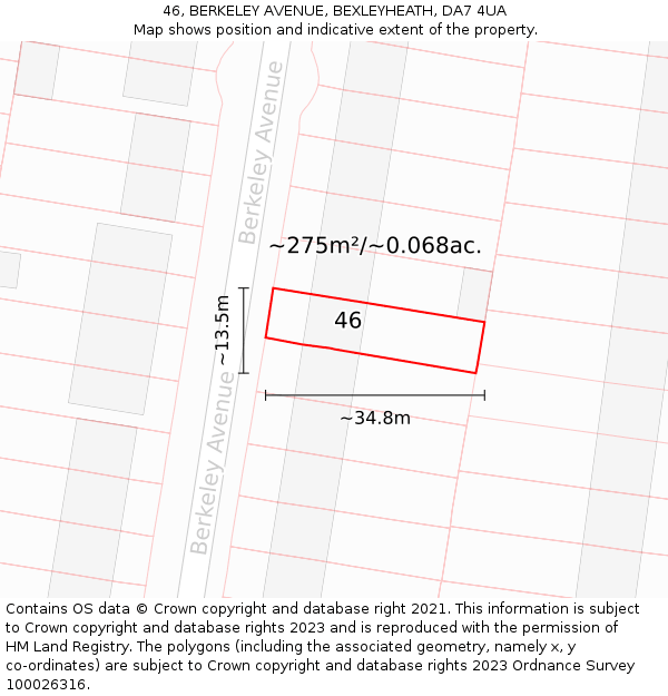46, BERKELEY AVENUE, BEXLEYHEATH, DA7 4UA: Plot and title map