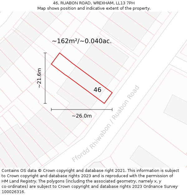 46, RUABON ROAD, WREXHAM, LL13 7PH: Plot and title map