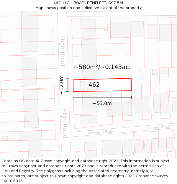 462, HIGH ROAD, BENFLEET, SS7 5AL: Plot and title map