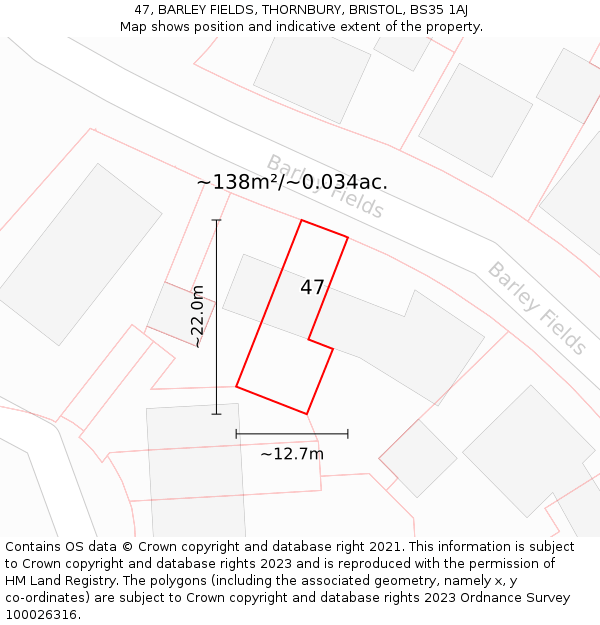 47, BARLEY FIELDS, THORNBURY, BRISTOL, BS35 1AJ: Plot and title map