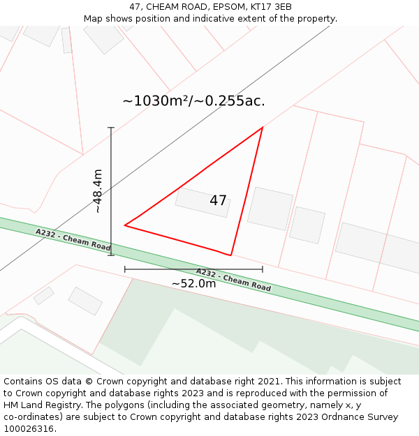 47, CHEAM ROAD, EPSOM, KT17 3EB: Plot and title map