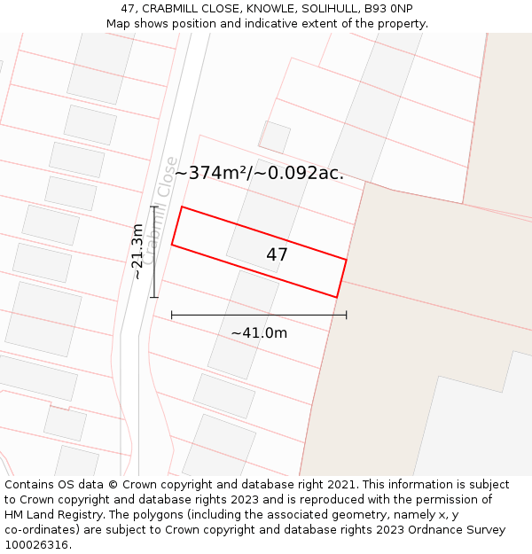 47, CRABMILL CLOSE, KNOWLE, SOLIHULL, B93 0NP: Plot and title map