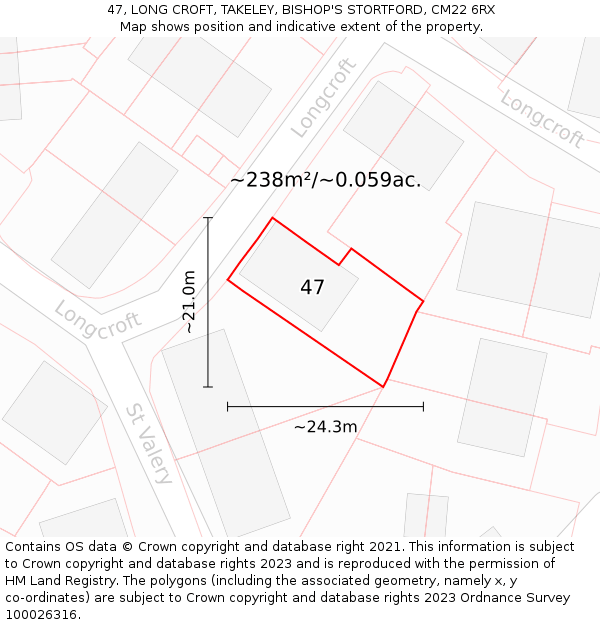 47, LONG CROFT, TAKELEY, BISHOP'S STORTFORD, CM22 6RX: Plot and title map