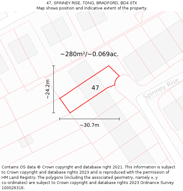 47, SPINNEY RISE, TONG, BRADFORD, BD4 0TX: Plot and title map