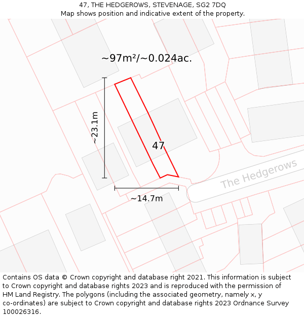 47, THE HEDGEROWS, STEVENAGE, SG2 7DQ: Plot and title map