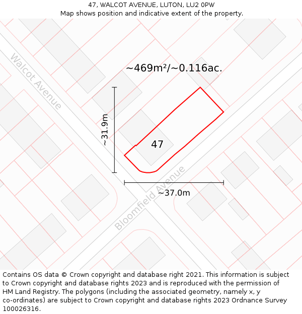 47, WALCOT AVENUE, LUTON, LU2 0PW: Plot and title map