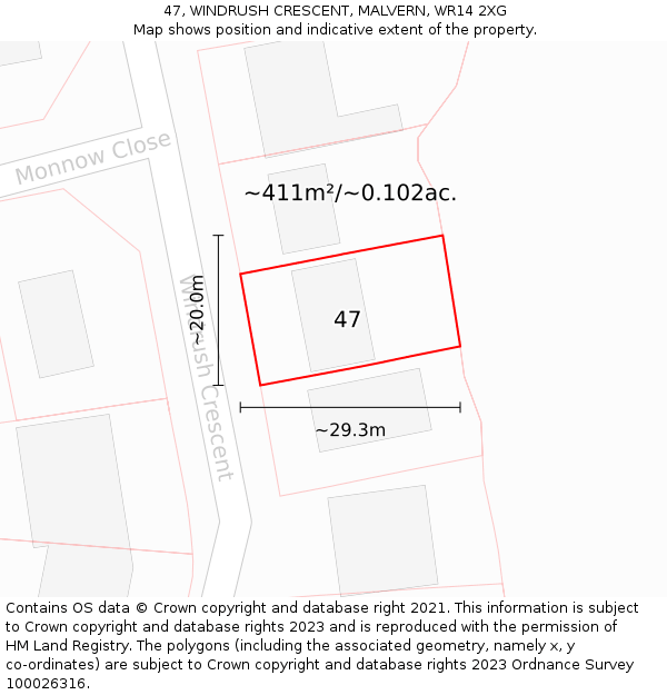 47, WINDRUSH CRESCENT, MALVERN, WR14 2XG: Plot and title map