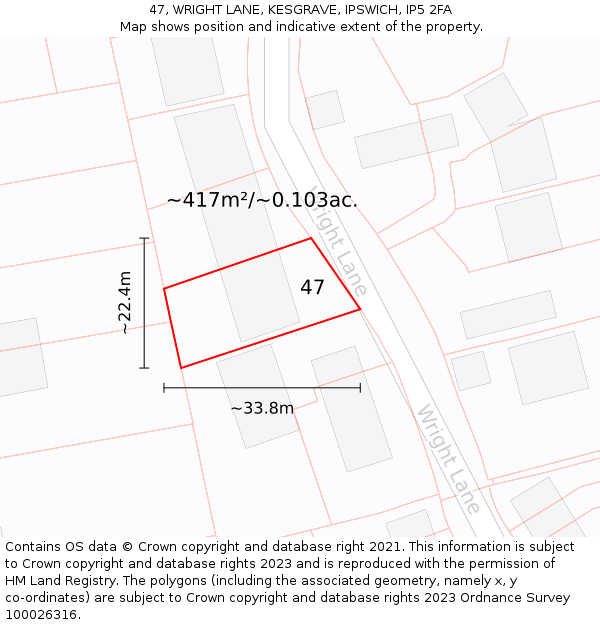 47, WRIGHT LANE, KESGRAVE, IPSWICH, IP5 2FA: Plot and title map